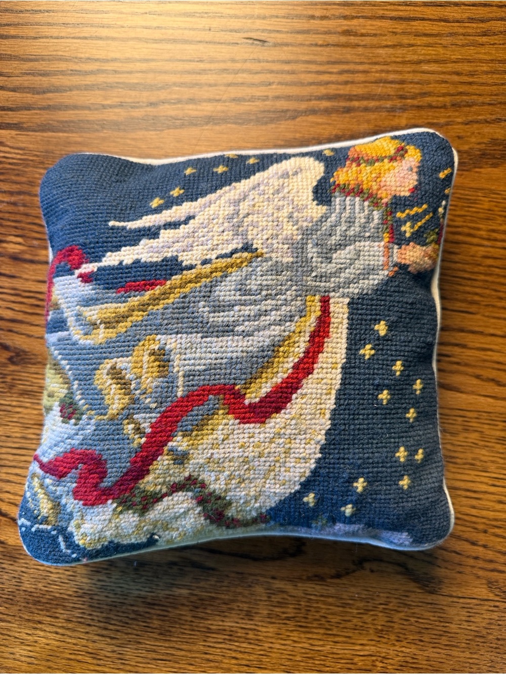 Needlepoint Christmas Angel Trumpet Pillow Small Wool Look Holiday Decor